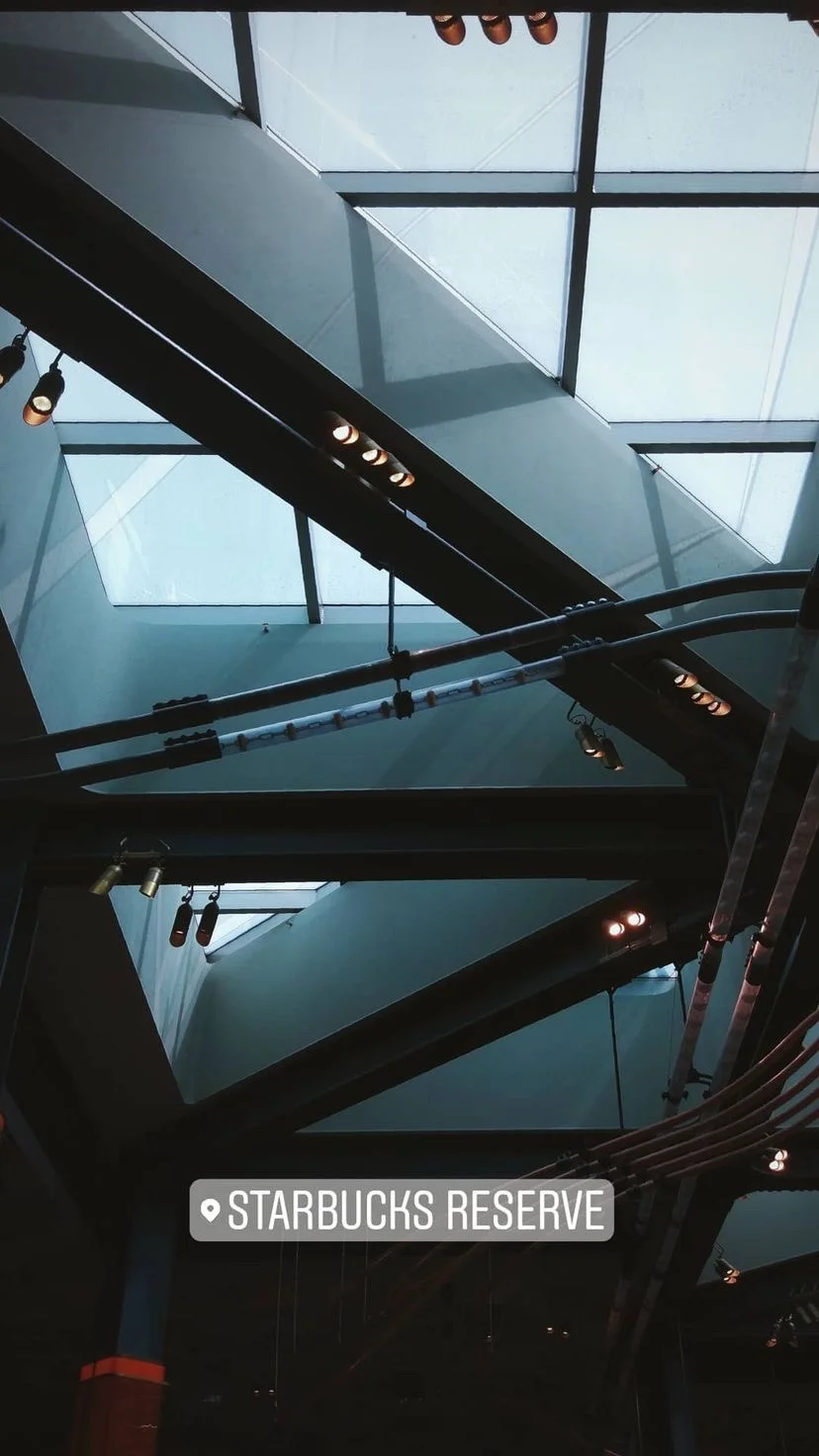 Crossing interior escalators beneath skylights, W:9 H:16, photograph 53
