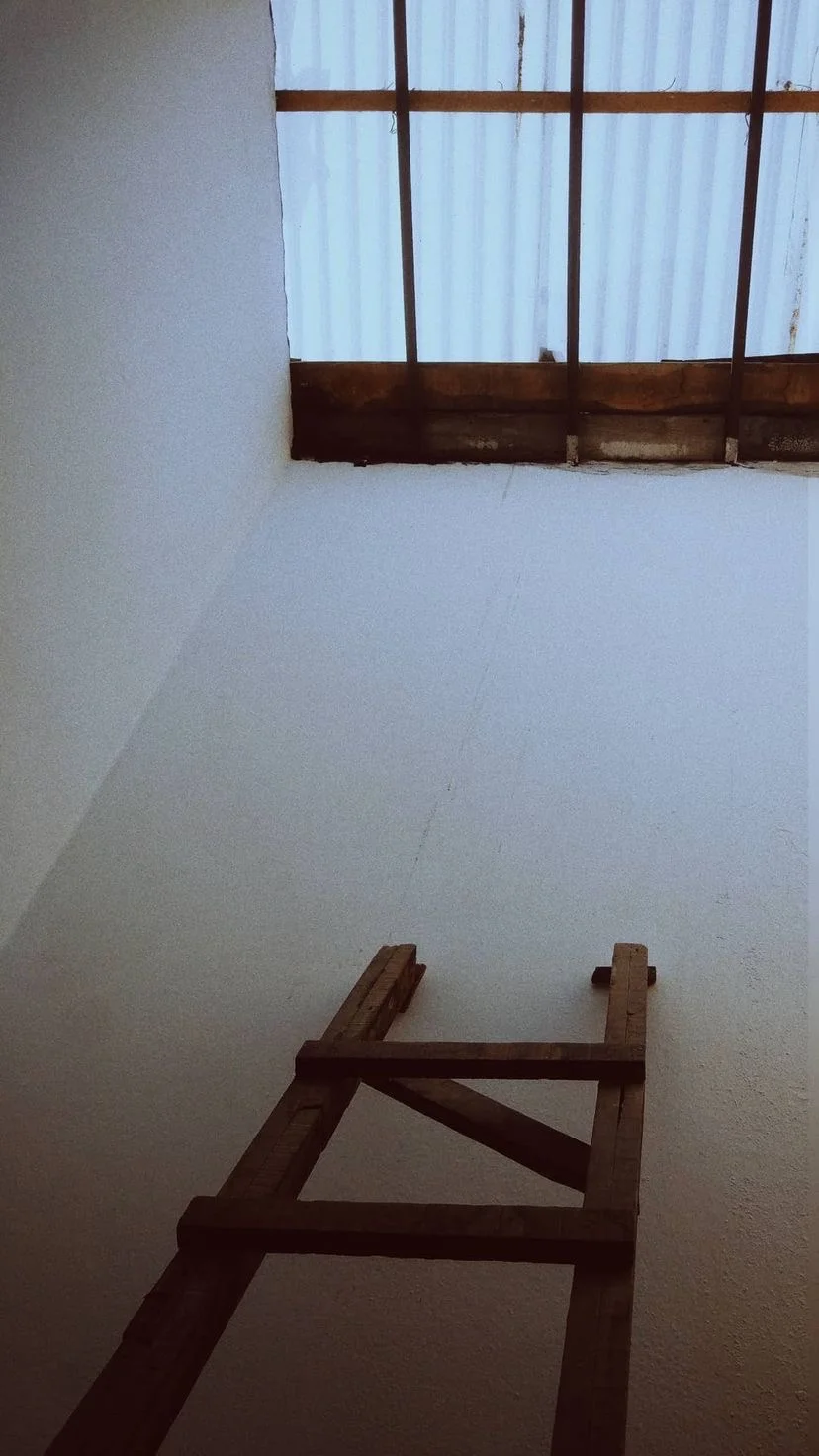 Wooden ladder leading toward a high window, W:9 H:16, photograph 8