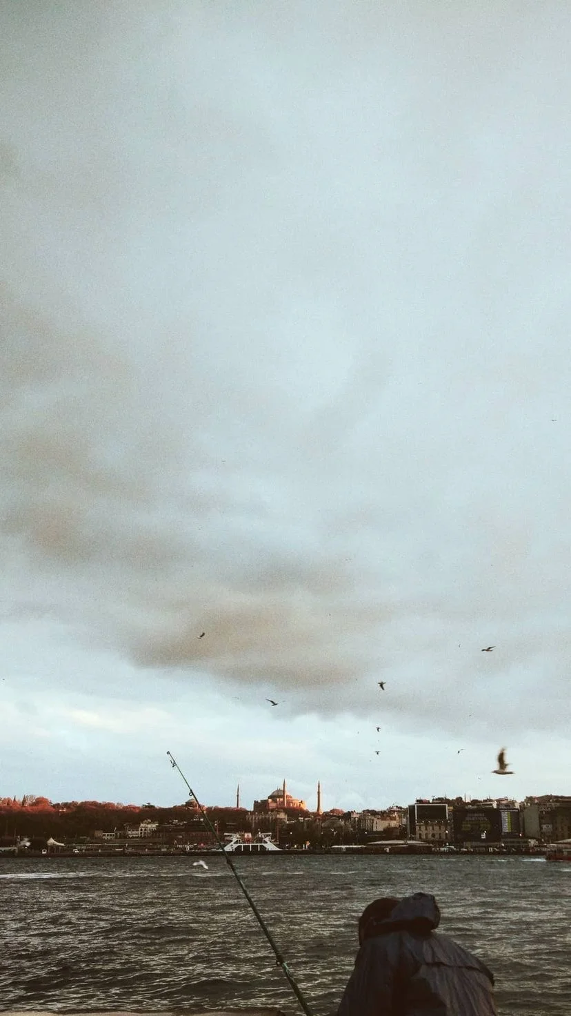 A person looking across the water beneath a grey sky, W:9 H:16, photograph 7