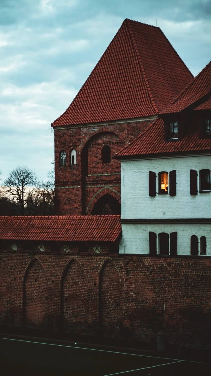 Historic red-roofed buildings and a brick wall, W:9 H:16, photograph 67
