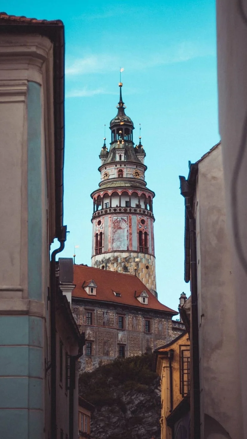 Ornate tower framed by neighboring buildings, W:9 H:16, photograph 39