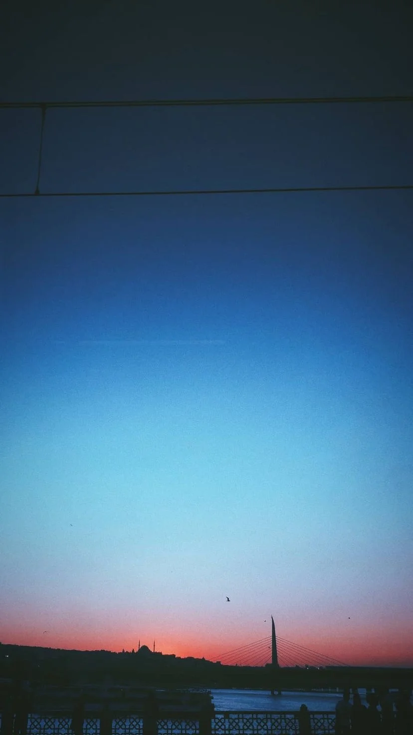 Distant skyline beneath a dark blue and pink sunset, W:9 H:16, photograph 59