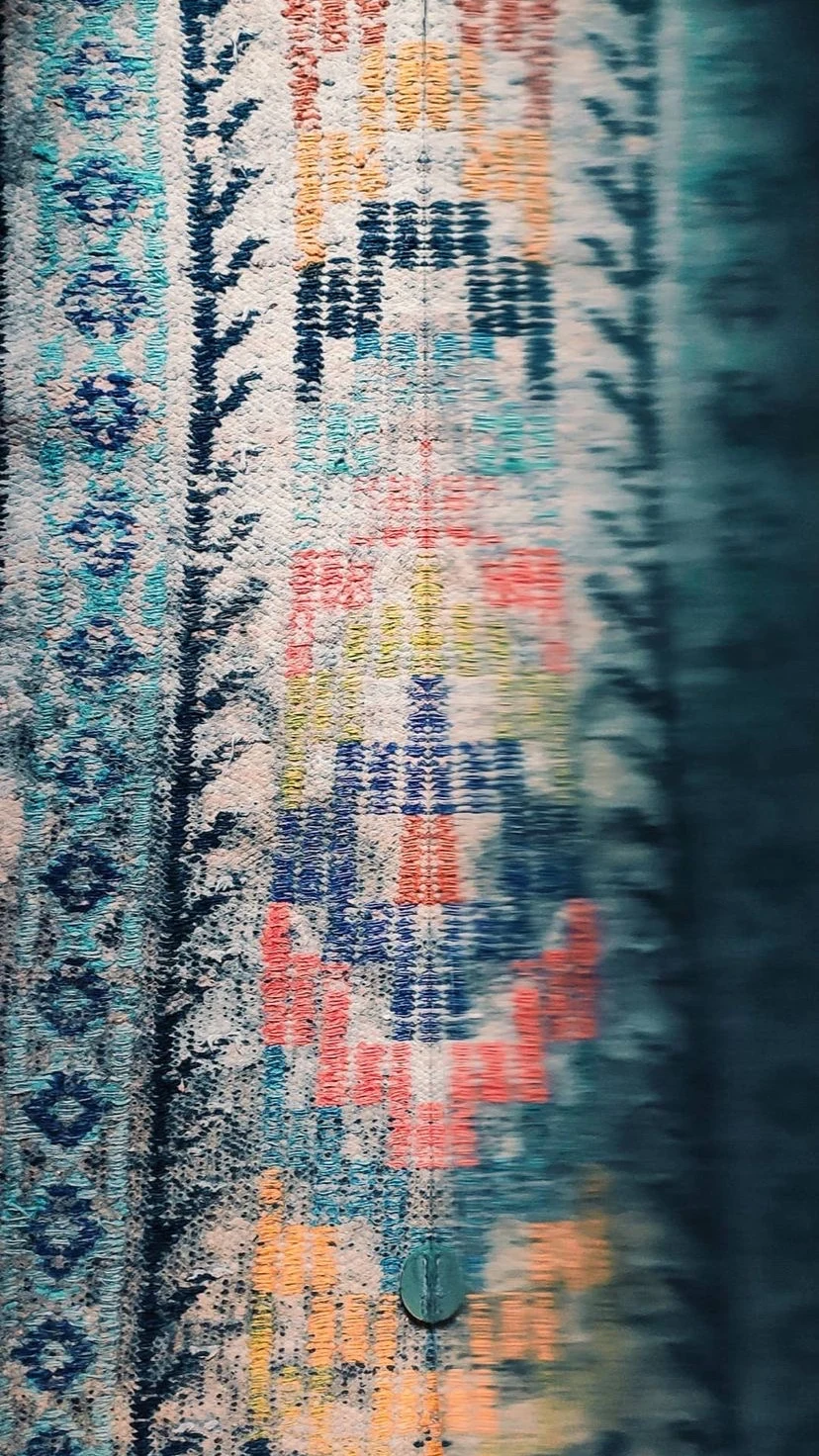 Close view of a colorful woven textile, W:9 H:16, photograph 21